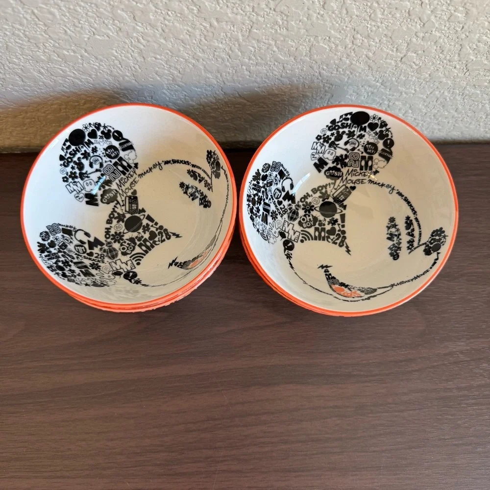 Disney Mickey Head Doodle Graphic Orange Rim Ceramic Snack Bowls Set‎ of 4